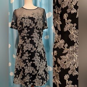 Tadashi Shoji lace gold appliqué sheer black dress- 12